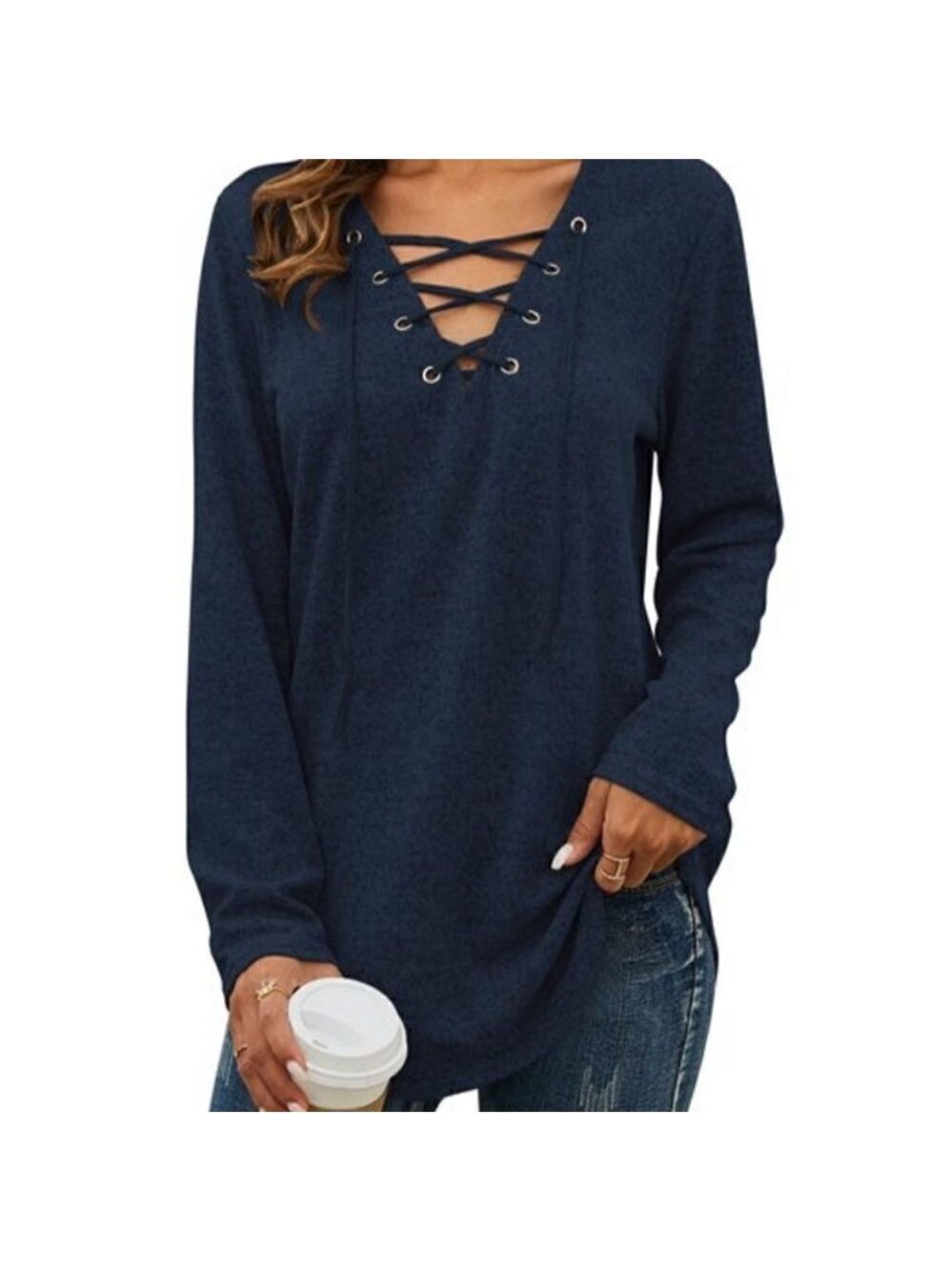 NWOT Women Lace Up V Neck Long Sleeves Pullover Tee Tunic Size 2XL